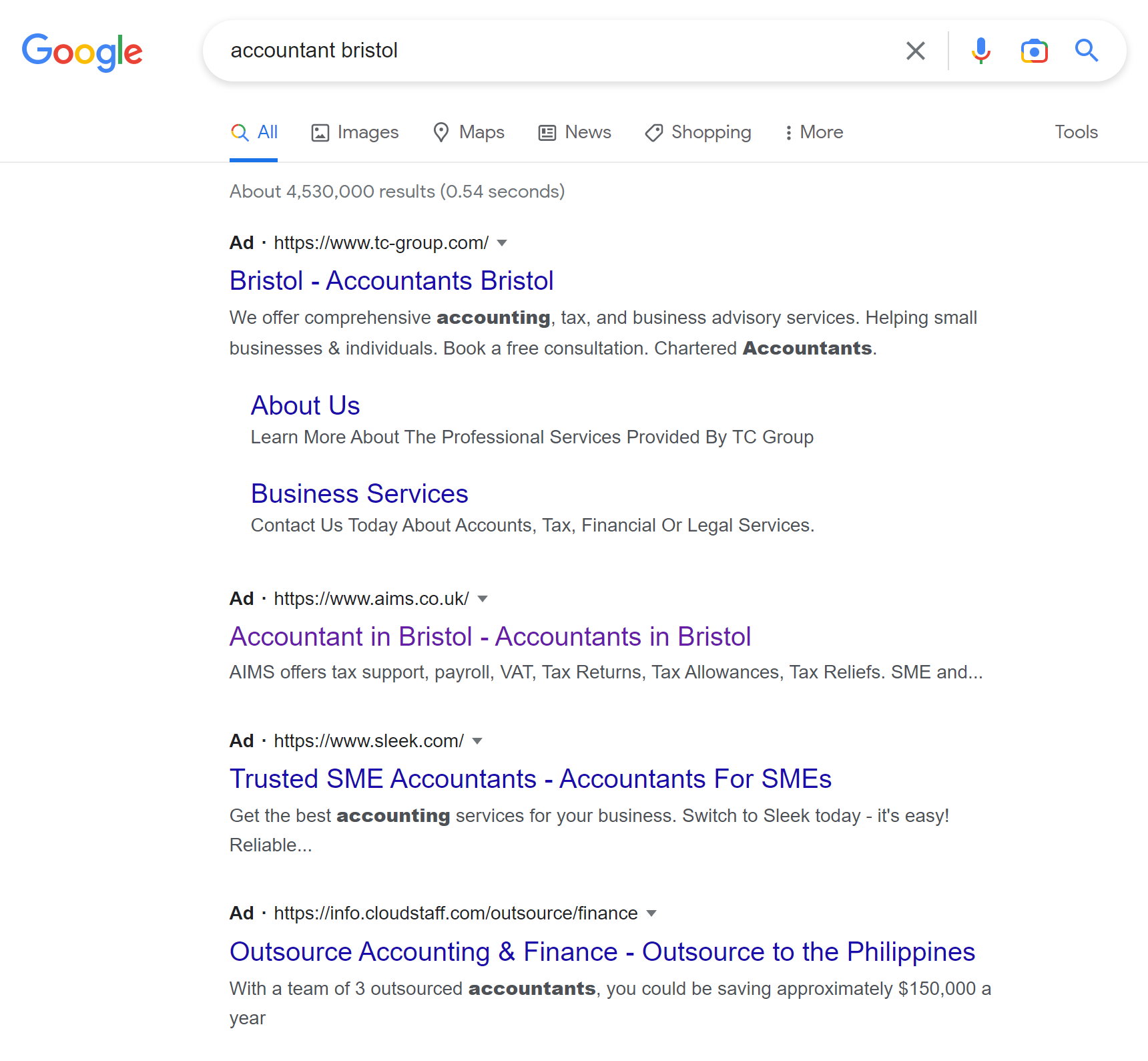 Accountant Bristol search on Google to look at Google Ads.